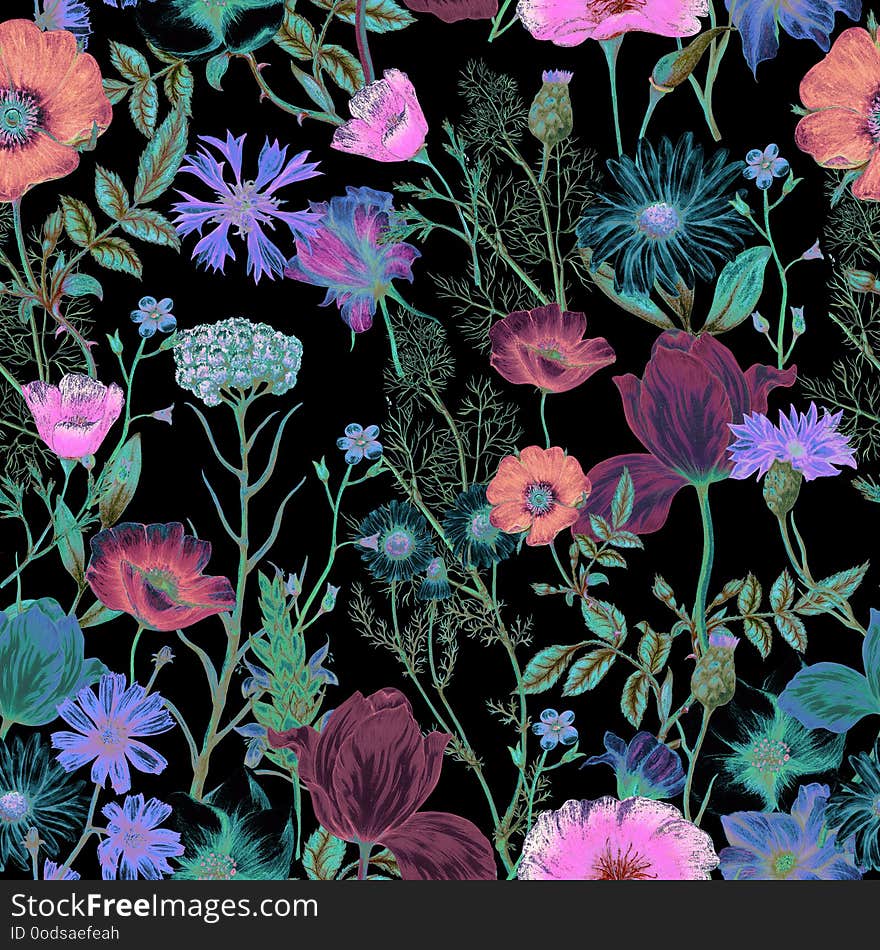 Seamless pattern of neon garden flowers,seamless floral pattern,garden plants pattern