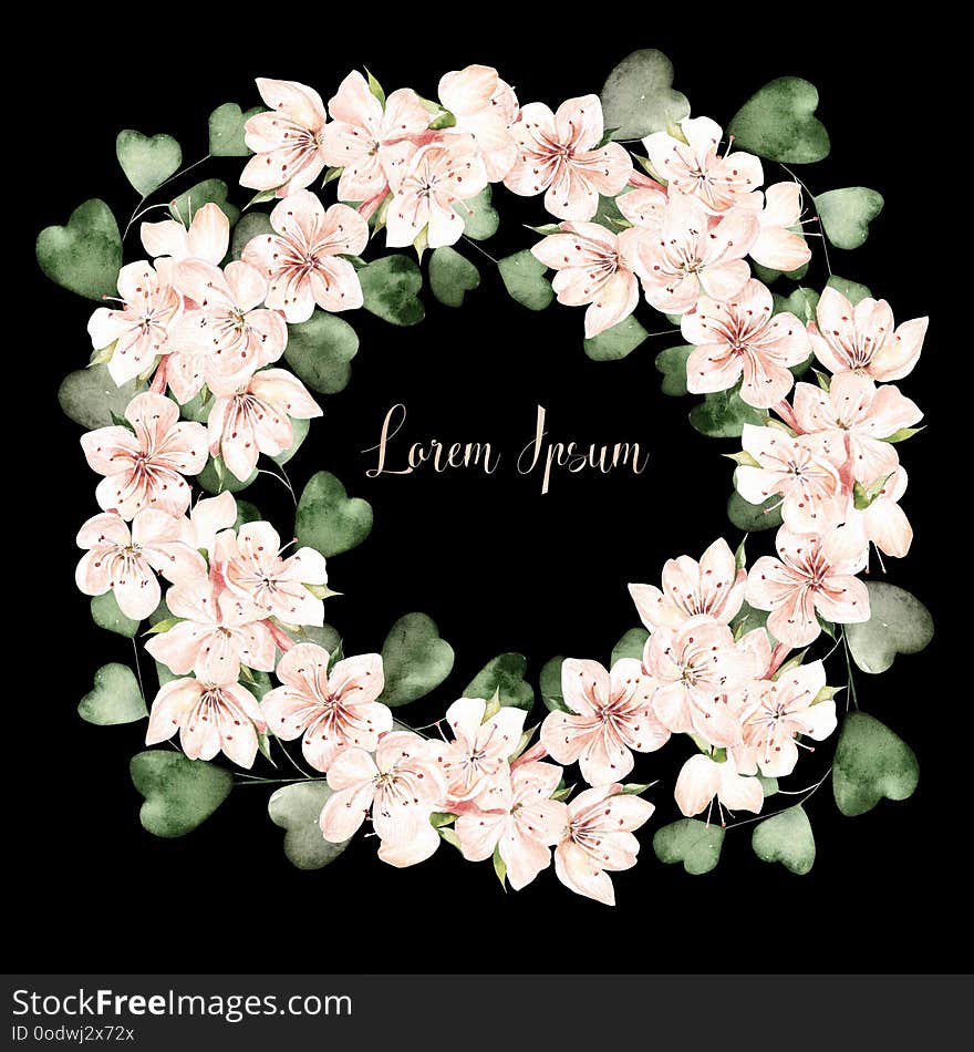 Beautiful Watercolor wreath with spring flowers and eucalyptus leaves. Illustration