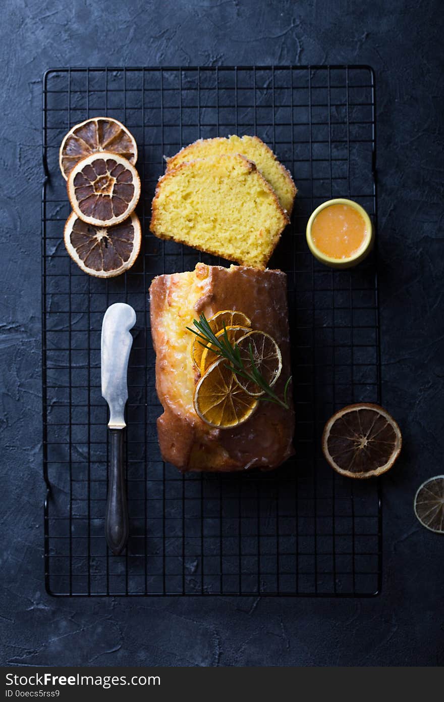 Vegan, raw citrus cake. Healthy food. Grey stone background Top view Copy space. Selective focus. fresh