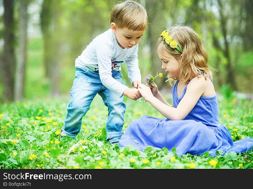 Brother and sister sit on the grass. Children`s games, leisure. Two children are sitting on green meadow and smile. Boy and girl kiss on sunny day