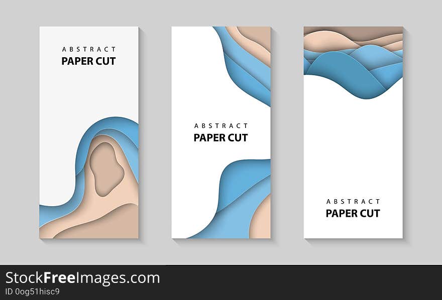 Vector vertical flyers with paper cut waves shapes. 3D abstract paper style, design layout for business presentations, flyers, posters, prints, decoration, cards, brochure cover, banners
