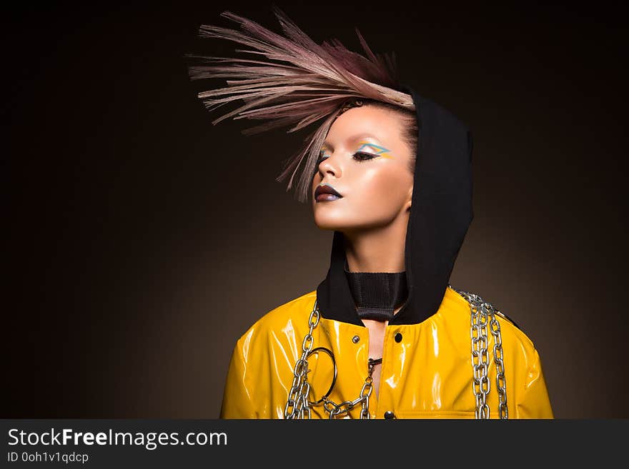 Fashion model woman in colorful bright lights, portrait of beautiful party girl with trendy make-up, haircut. Art design colorful make up. Fashion model woman in colorful bright lights, portrait of beautiful party girl with trendy make-up, haircut. Art design colorful make up.