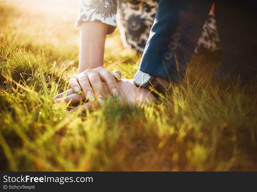 Lovers sit embracing on the grass in the sun, she gently put her hand on his palm