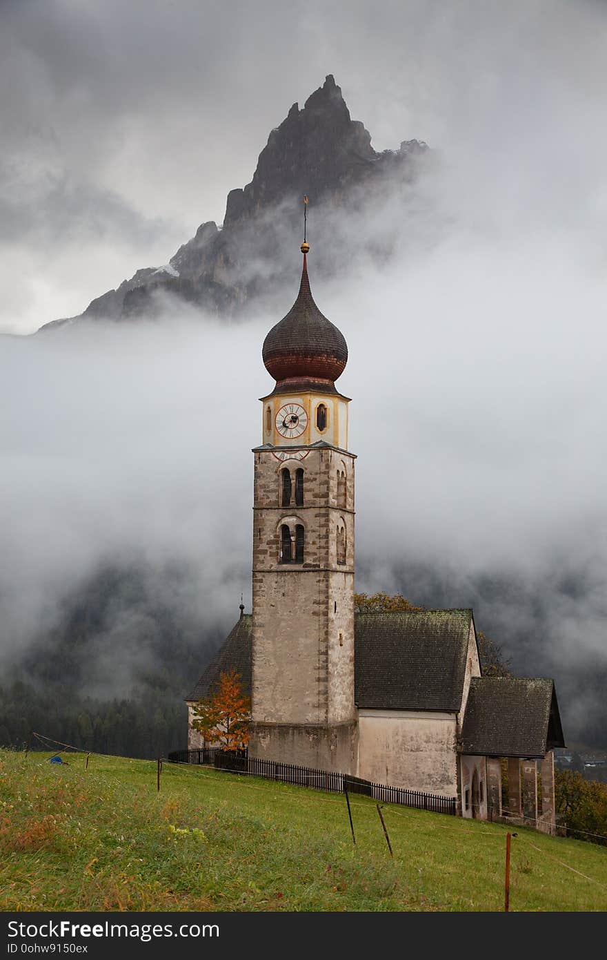 san Valentino church on a foggy late autumn day, Siusi allo Sciliar, Castelrotto, Dolomites, Italy