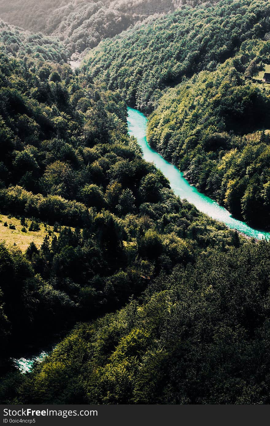 Landscape of river going through mountain and wood green blue