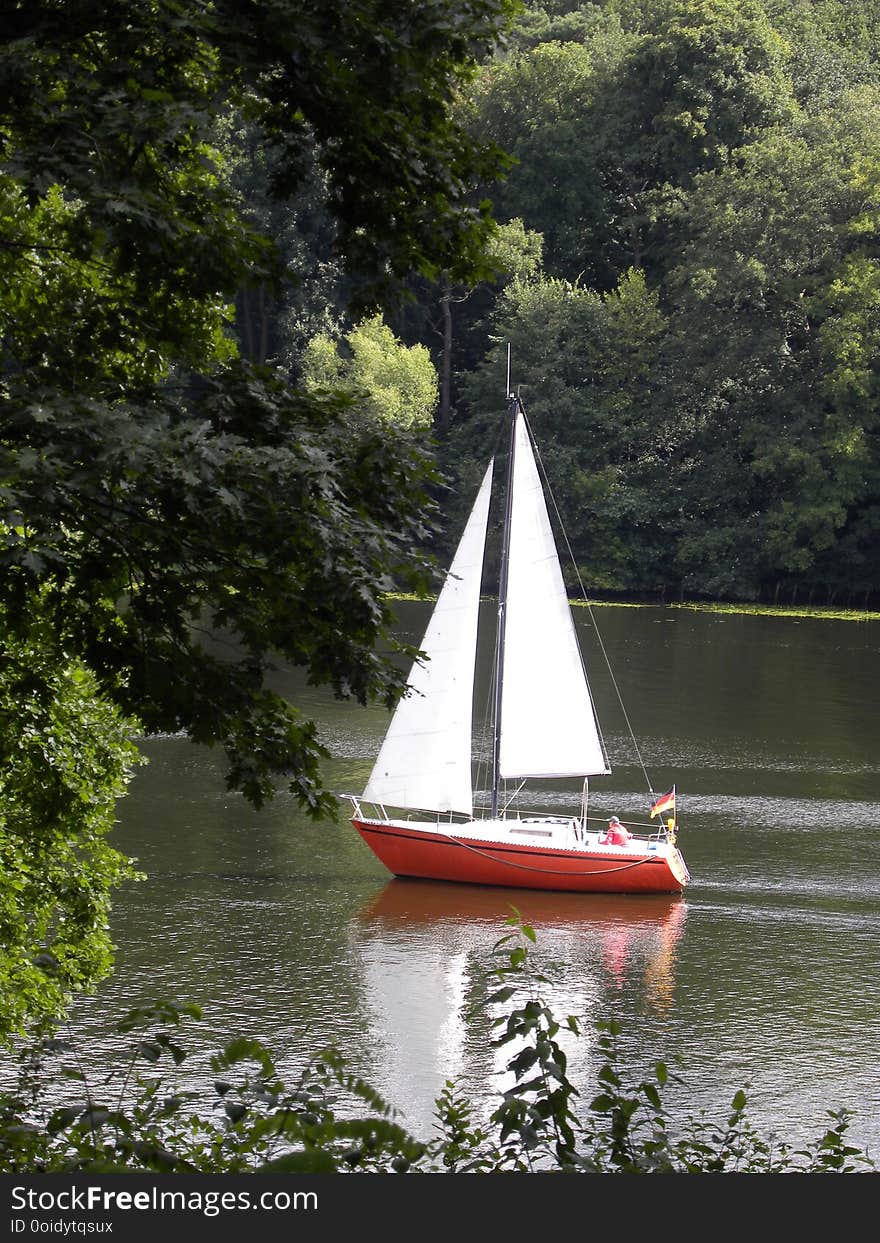 A sailboat sails along a pleasant river in the midst of nature. A sailboat sails along a pleasant river in the midst of nature