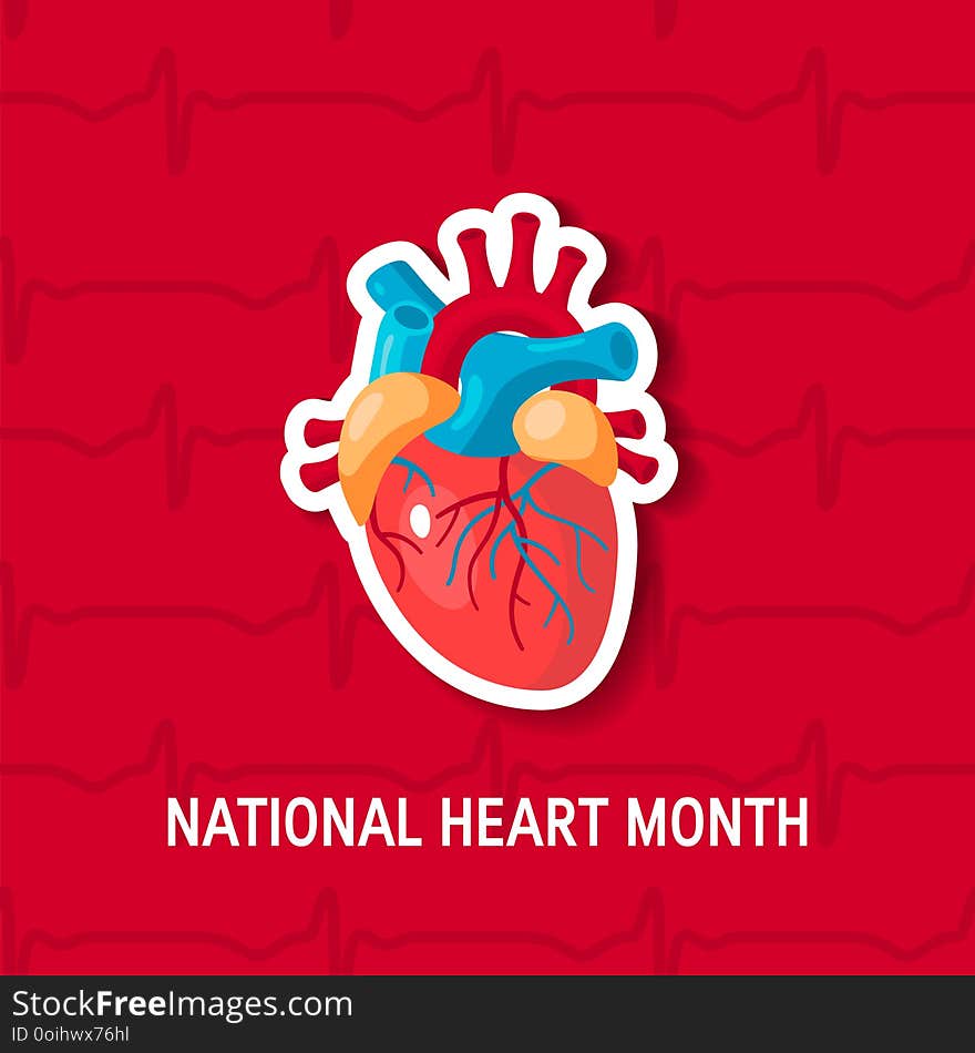 National heart month concept. Design with human heart in flat style, vector. National heart month concept. Design with human heart in flat style, vector