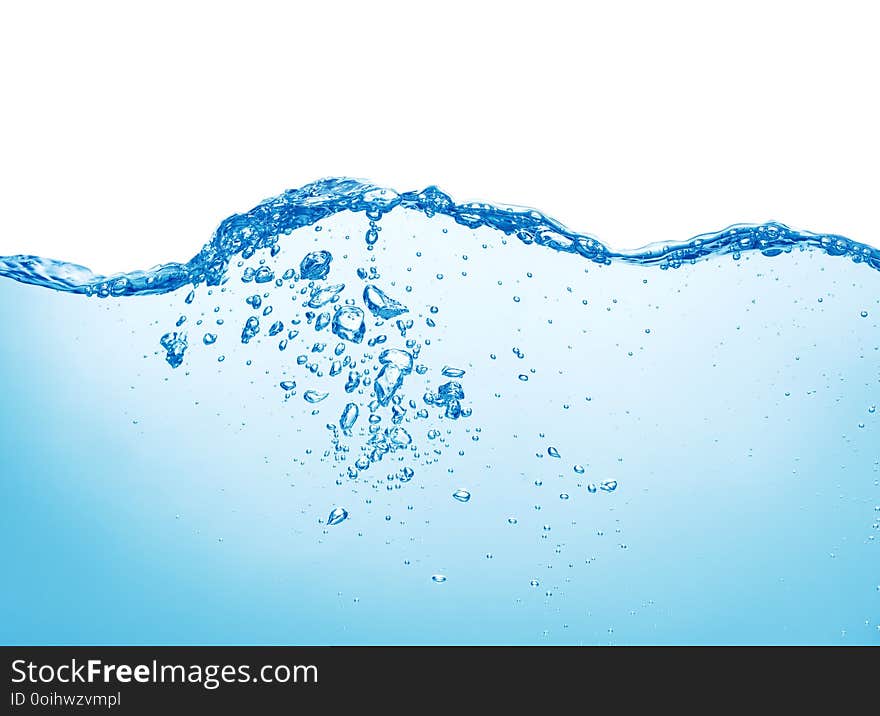 Clean blue water with air bubbles and splashes on white background. Clean blue water with air bubbles and splashes on white background