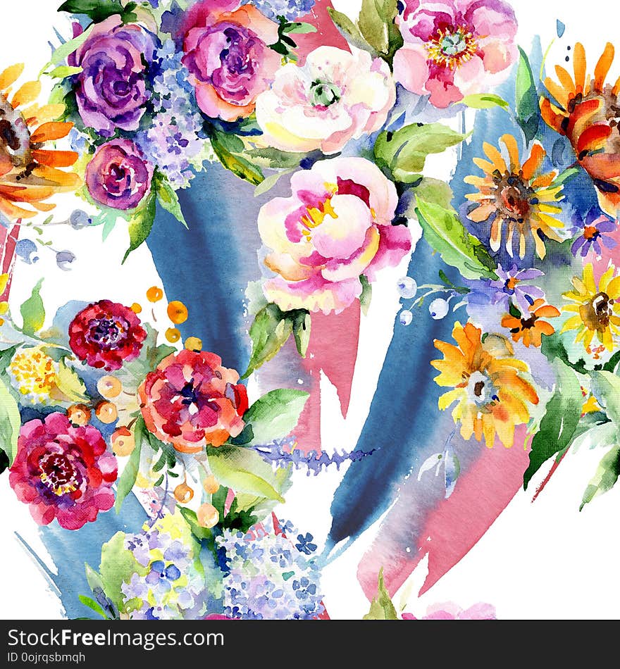 Bouquets floral botanical flower. Wild spring leaf wildflower isolated. Watercolor illustration set. Watercolour drawing fashion aquarelle. Seamless background pattern. Fabric wallpaper print texture. Bouquets floral botanical flower. Wild spring leaf wildflower isolated. Watercolor illustration set. Watercolour drawing fashion aquarelle. Seamless background pattern. Fabric wallpaper print texture.