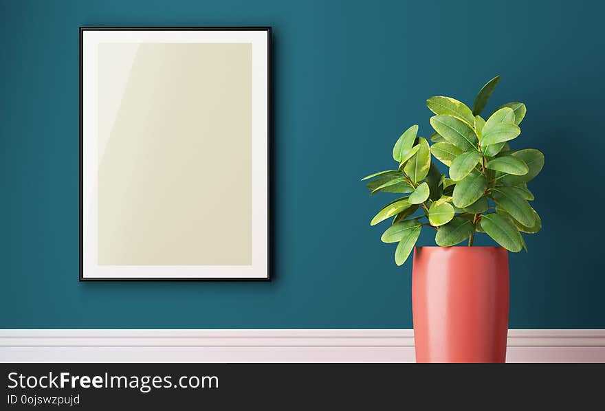 Interior with white mock up frame on blue painted wall, leafs and plants.