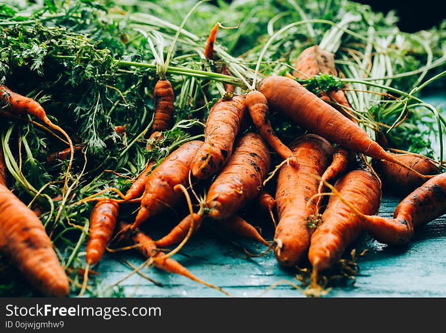 lot of carrots on a wooden background.