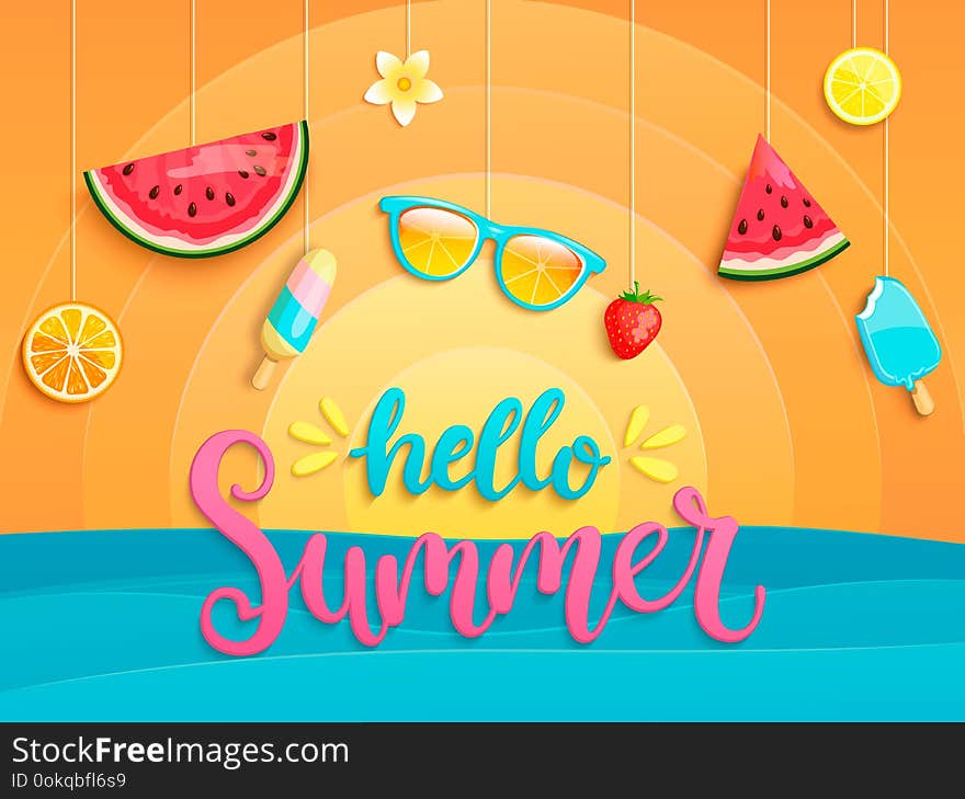 Hello Summer greeting banner with sea, sun and symbols for summertime such as ice cream,watermelon,strawberries,glasses.Lettering for template card, wallpaper,flyer,invitation, poster,brochure.Vector. Hello Summer greeting banner with sea, sun and symbols for summertime such as ice cream,watermelon,strawberries,glasses.Lettering for template card, wallpaper,flyer,invitation, poster,brochure.Vector