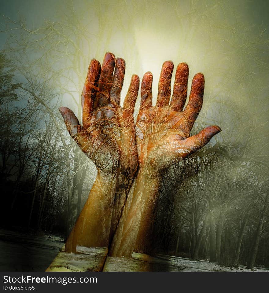 Double exposure of female`s hands