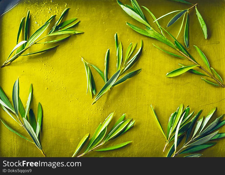 Olive oil puddle with olive branch