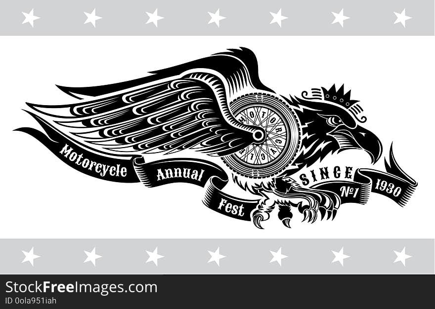 Eagle with motorbike wheel wings wings and ribbon. Vintage motorcycle design on white