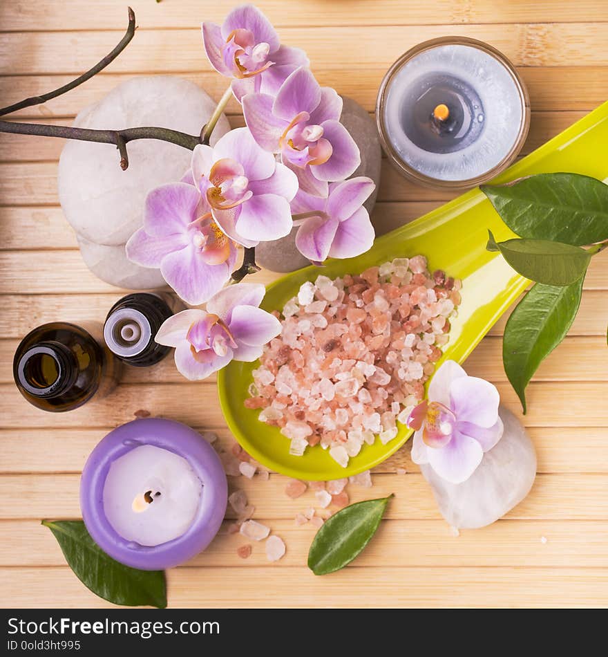 Wellness environment with essential oils, orchid and bath salts