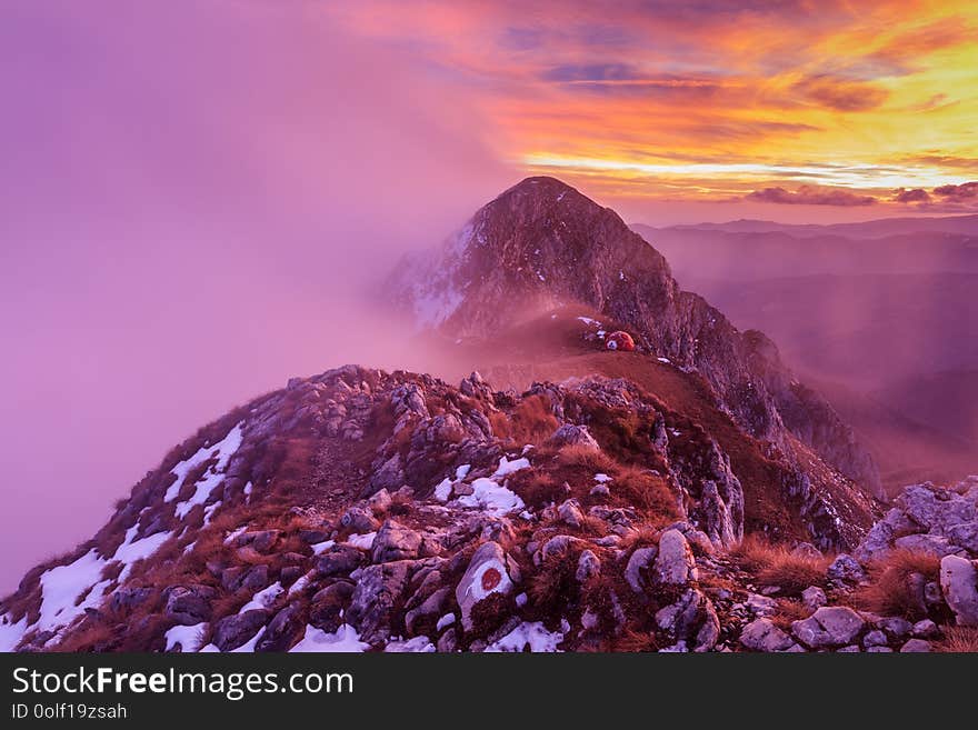 Mountain landscape in sunset. Piatra Craiului Mountains, Romania