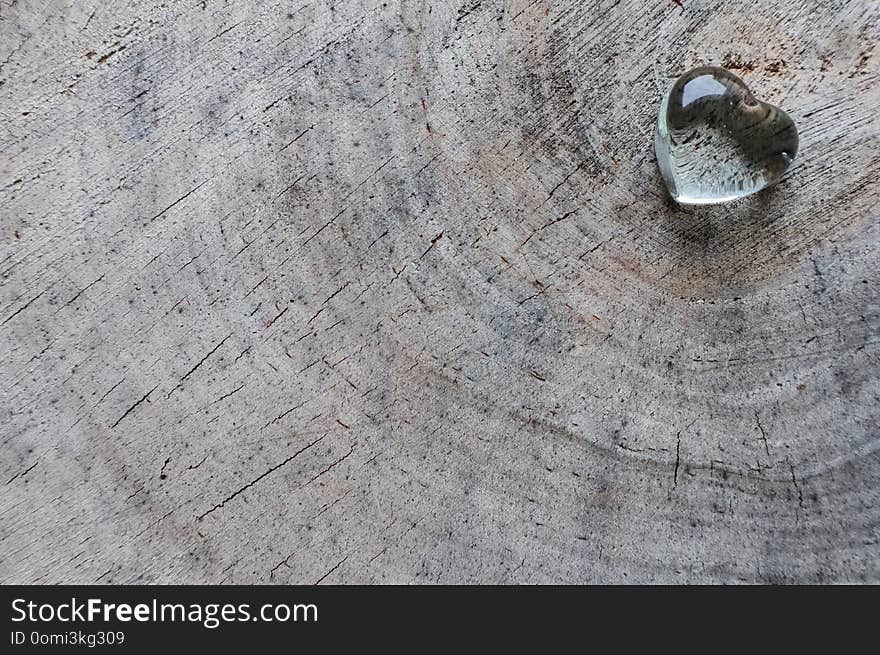 Transparent heart on the rough surface of an old stump. Perfect Valentine`s Day greeting card background.