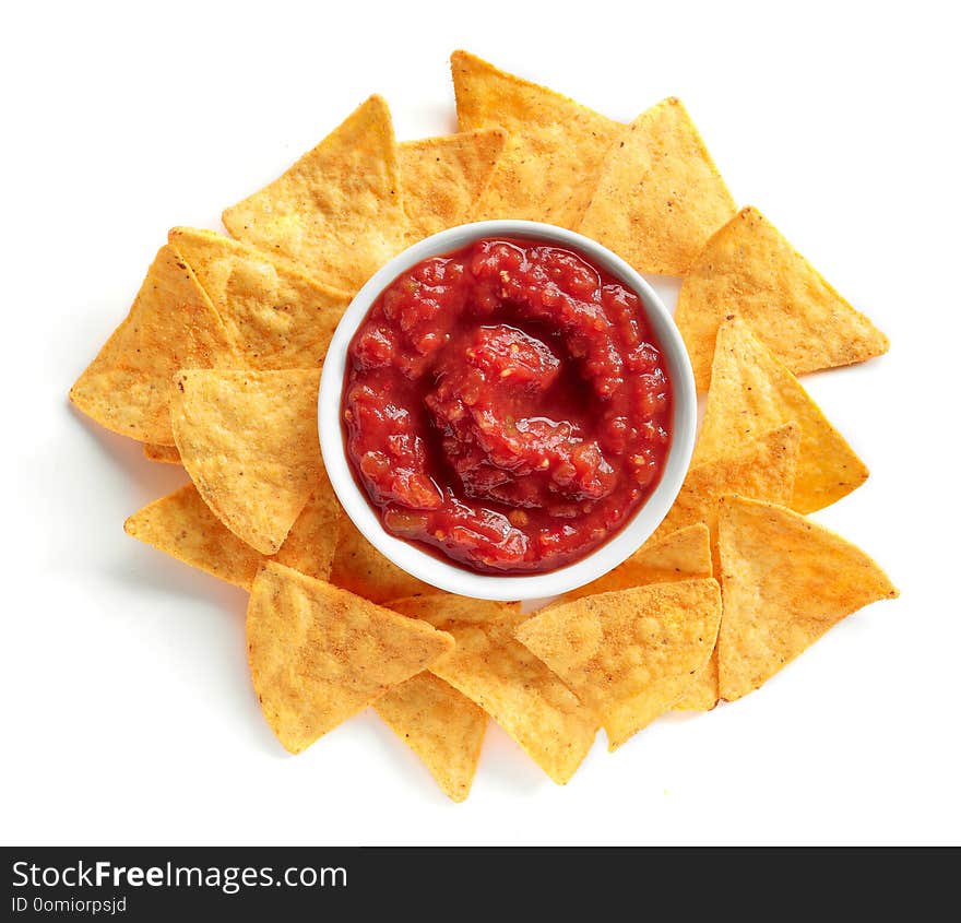 Corn chips nachos and salsa sauce isolated on white background, top view