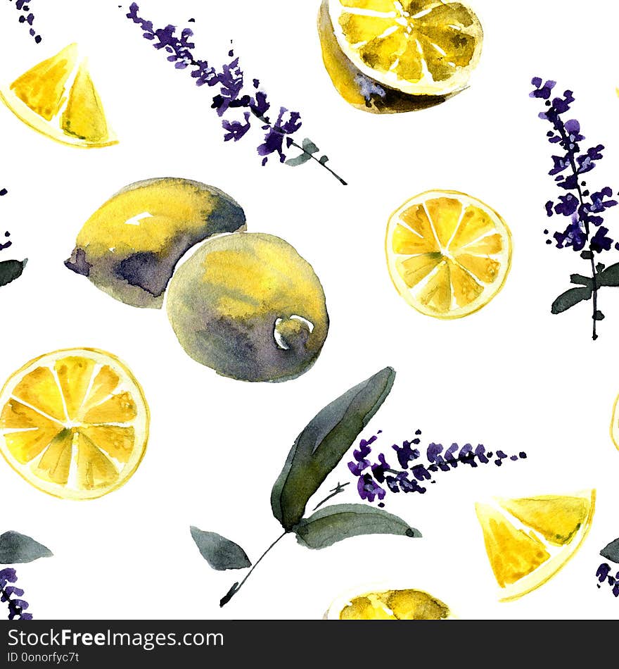 Lavender and lemon, watercolor illustrations on a white background, seamless pattern. Lavender and lemon, watercolor illustrations on a white background, seamless pattern