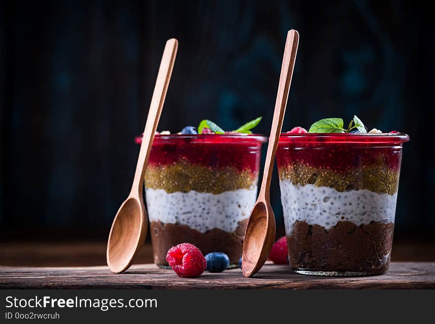 Raspberry and chia dessert layered in jar