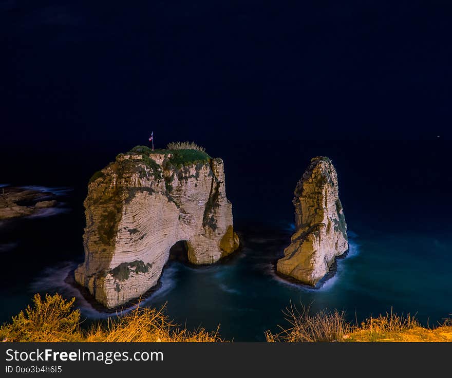 Pigeons` Rocks by night. In Beirut, Lebanon