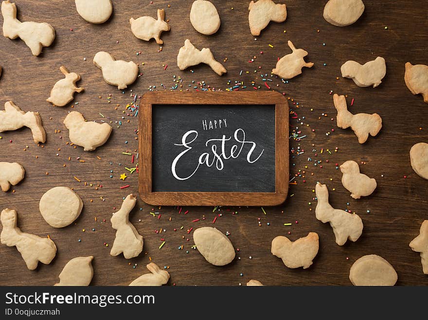 Easter Gingerbread Cookies. Eggs And Rabbits. Top View