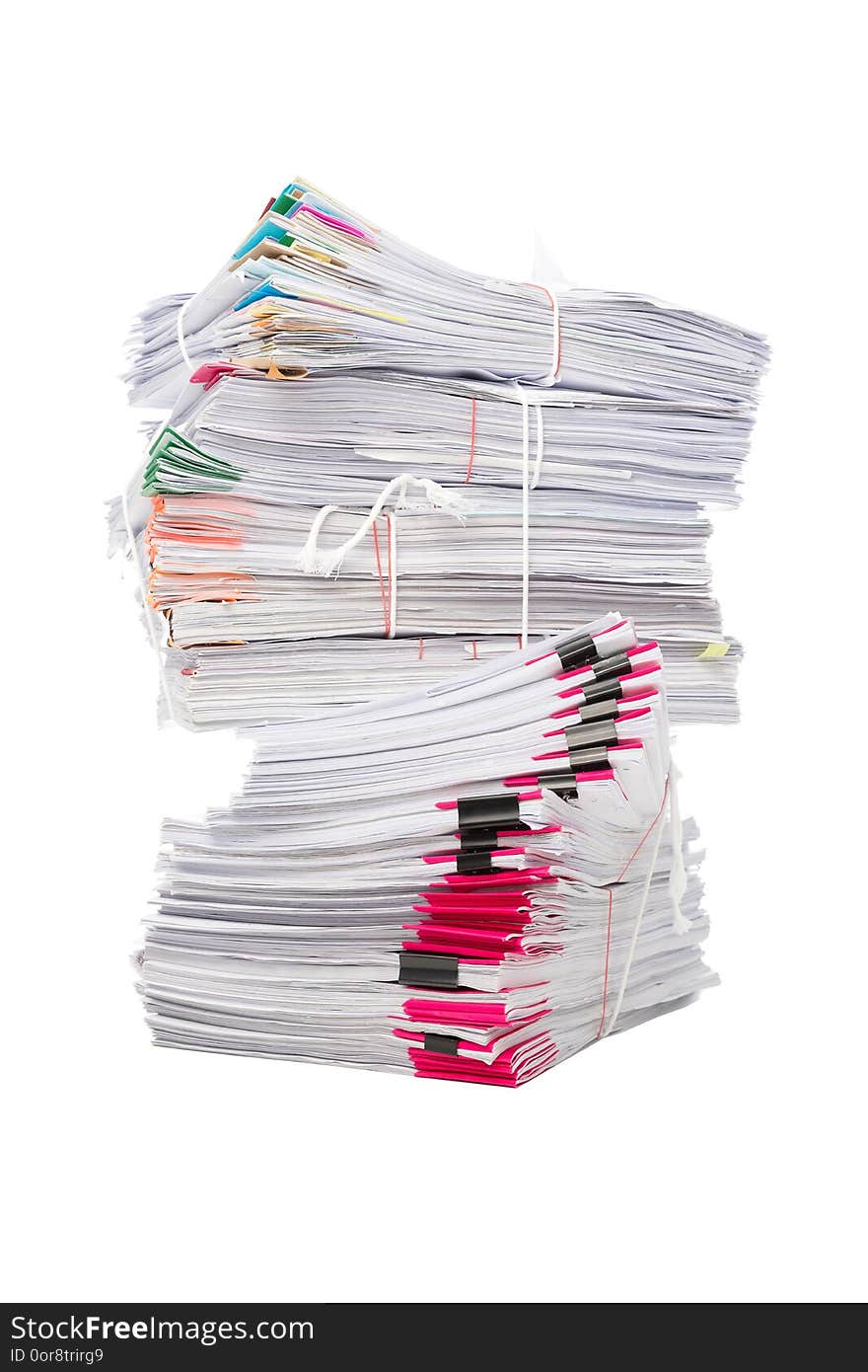 Stack of business papers isolated on white background.