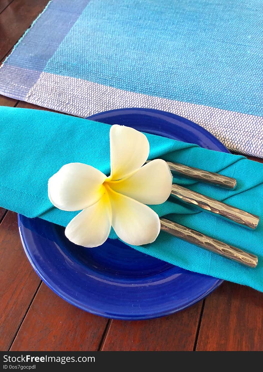 Food decoration with white plumeria rubra flower, Sri Lanka