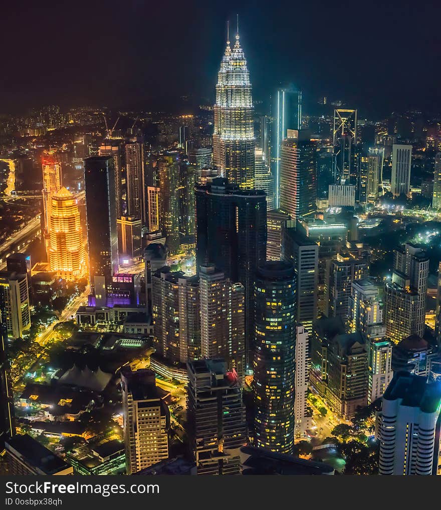 Kuala lumpur cityscape. Panoramic view of Kuala Lumpur city skyline at night viewing skyscrapers building in Malaysia.