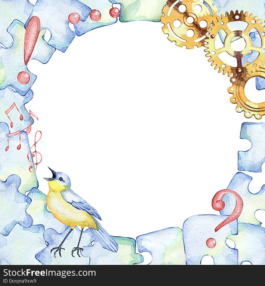 Hand drawn watercolor round frame on the theme of psychology on a white background
