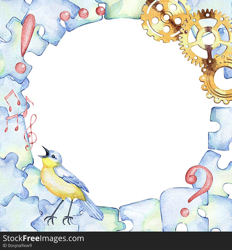 Hand drawn watercolor round frame on the theme of psychology