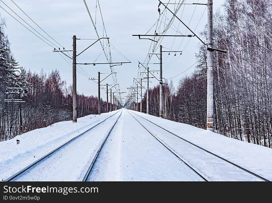 Electric railway lines at winter day time. Electric railway lines at winter day time