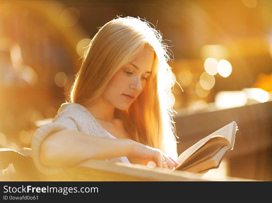 Beautiful girl sits and reads an interesting book. Beautiful girl sits and reads an interesting book