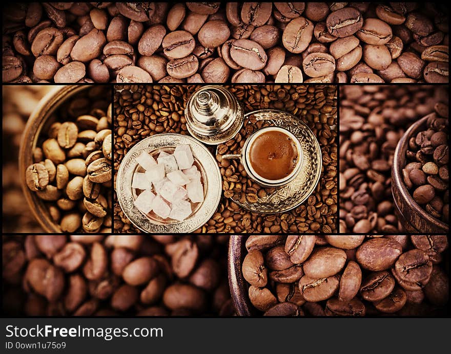 Traditional Turkish coffee collage photo. Hot drink.