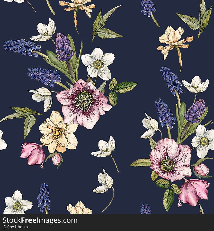 Floral seamless pattern with watercolor narcissus, muscari and hellebore