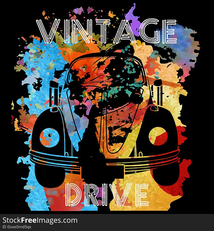 Watercolor vintagecar vector. Vintage car with watercolor vector illustration, colorfull, tshirt, background, artistic, handdrawn