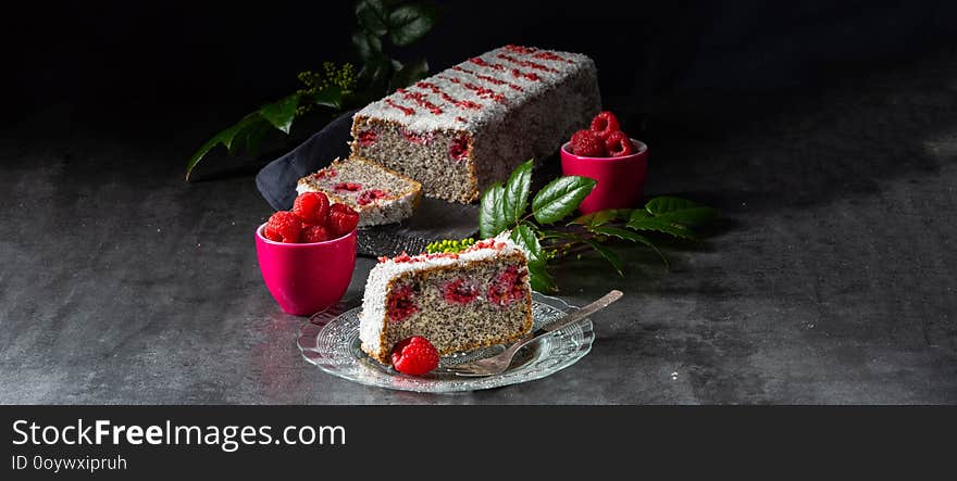 Poppy Seed Cake With Raspberries And Grated Coconut