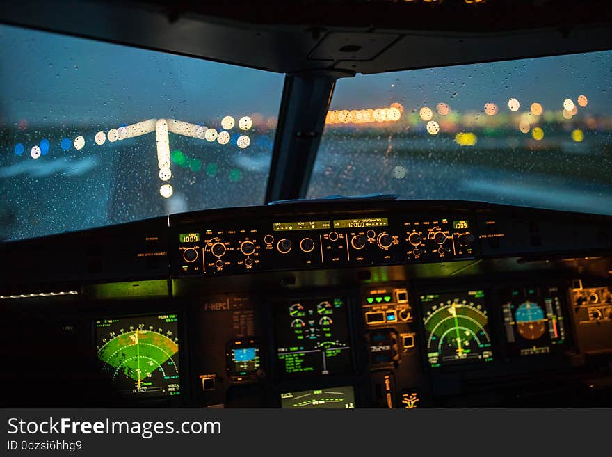 Commercial airliner airplane flight cockpit during takeoff