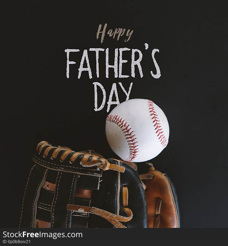 Father`s Day graphic with baseball and mitt on black background. Square shape with sports equipment for holiday. Father`s Day graphic with baseball and mitt on black background. Square shape with sports equipment for holiday