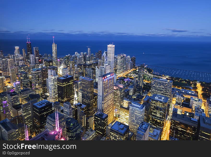 Aerial view of Chicago skyline by night