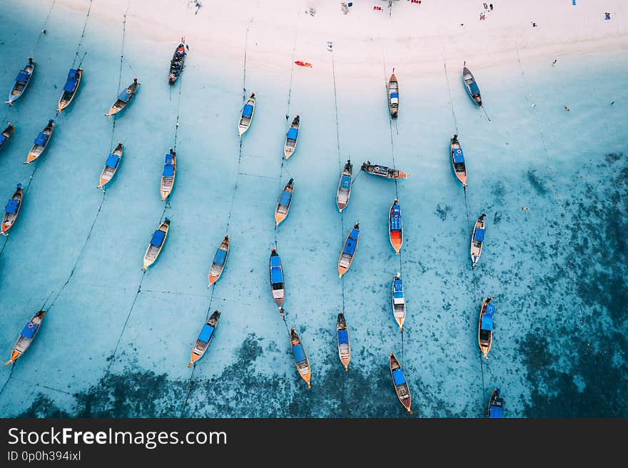 Longtail boats Thailand from above, amazing view at the Thai long tail boats