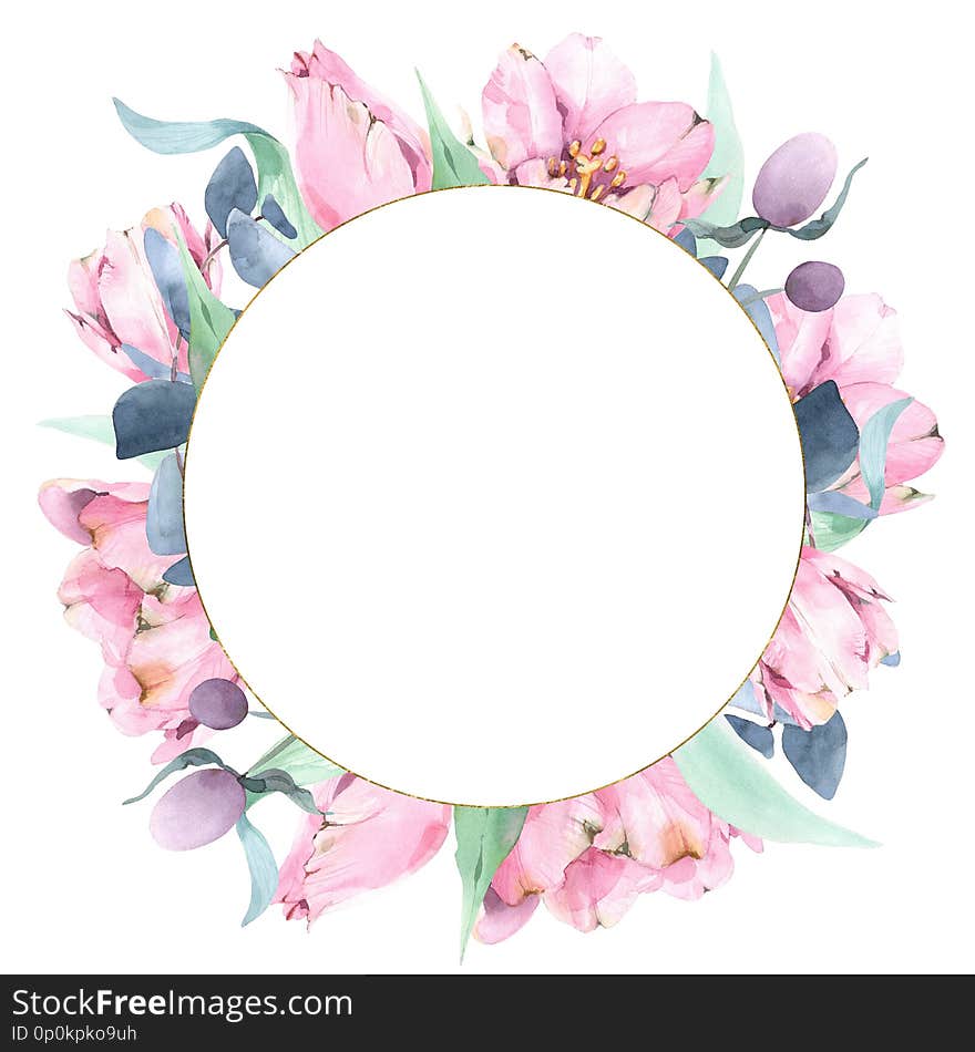 Watercolor round sprig floral wreath with tulips, foliage and eucalyptus