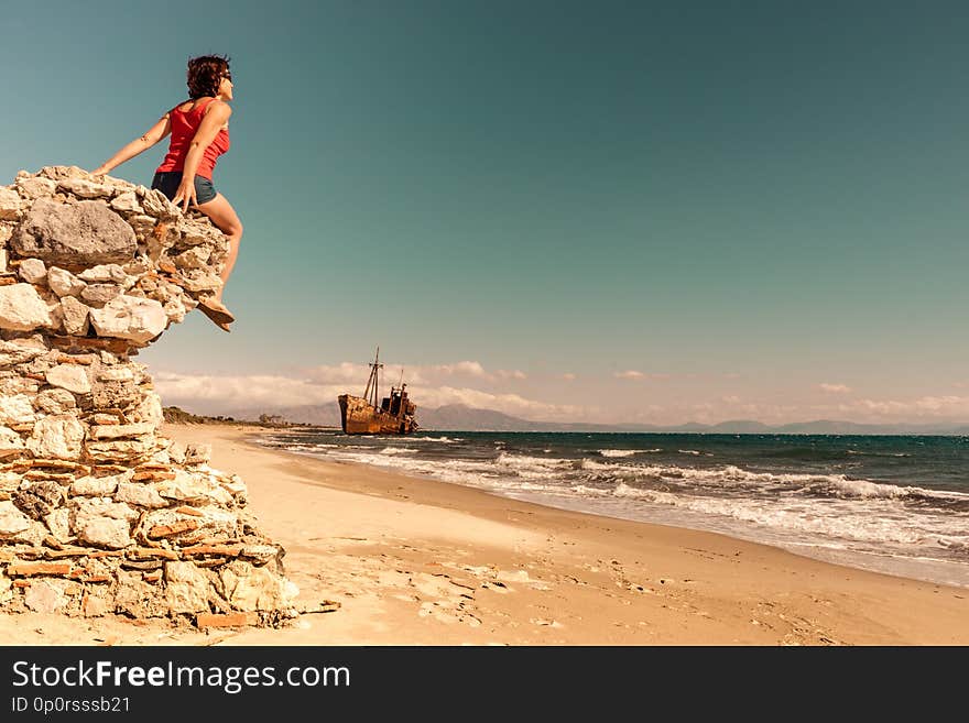 Tourist Woman On Beach Enjoying Vacation