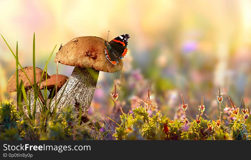 Wild cepe mushrooms, flowers and grass closeup, horizontal macro photo. Wild cepe mushrooms, flowers and grass closeup, horizontal macro photo