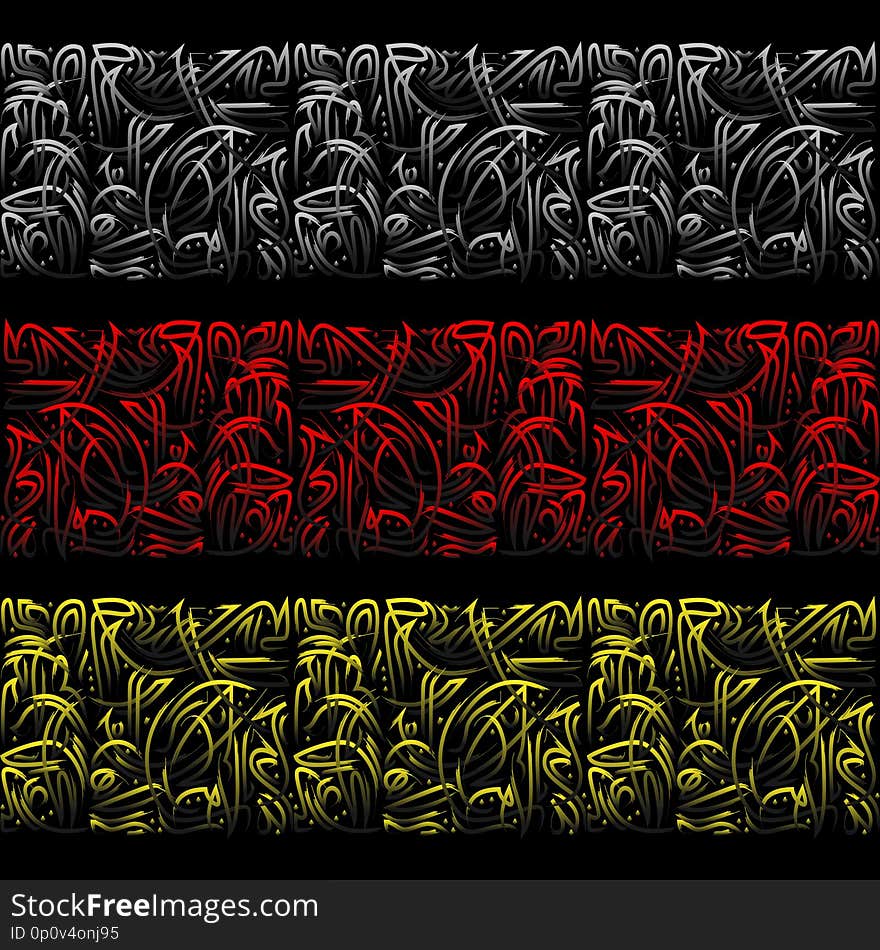 Set of three islamic calligraphy patterns different colors isolated on black background. Set of three islamic calligraphy patterns different colors isolated on black background