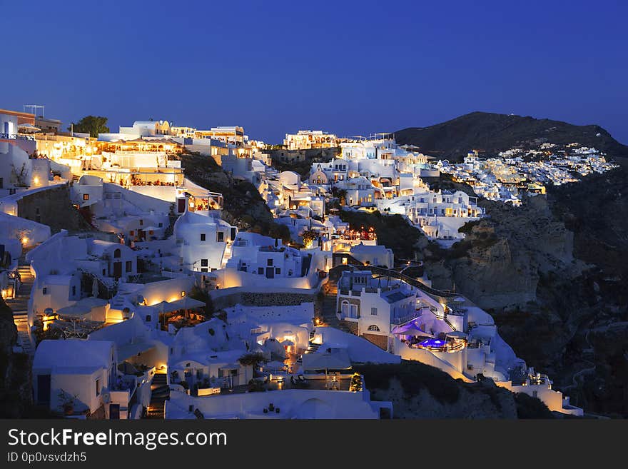 View of the city of Oia in the evening. Santorini Island in Greece