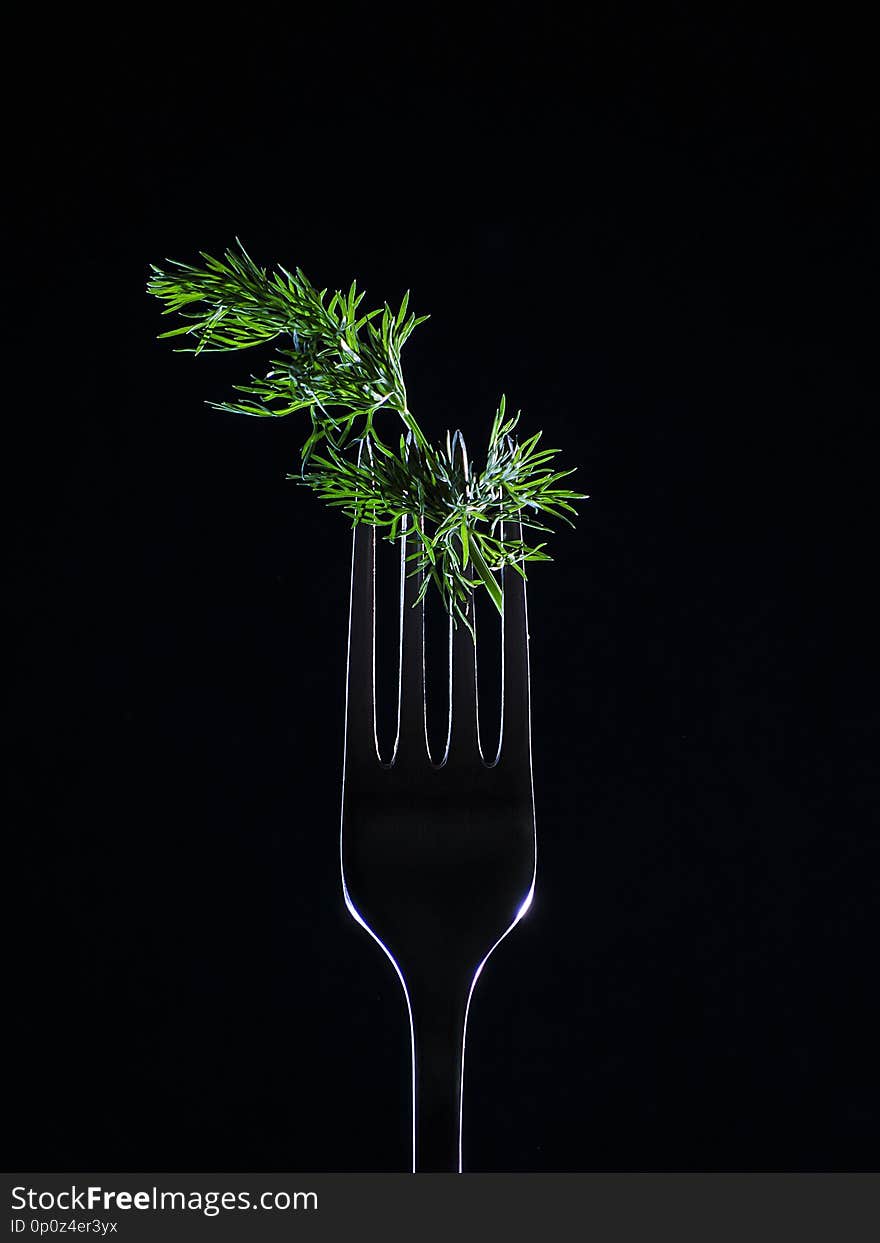 Green dill caught on the fork