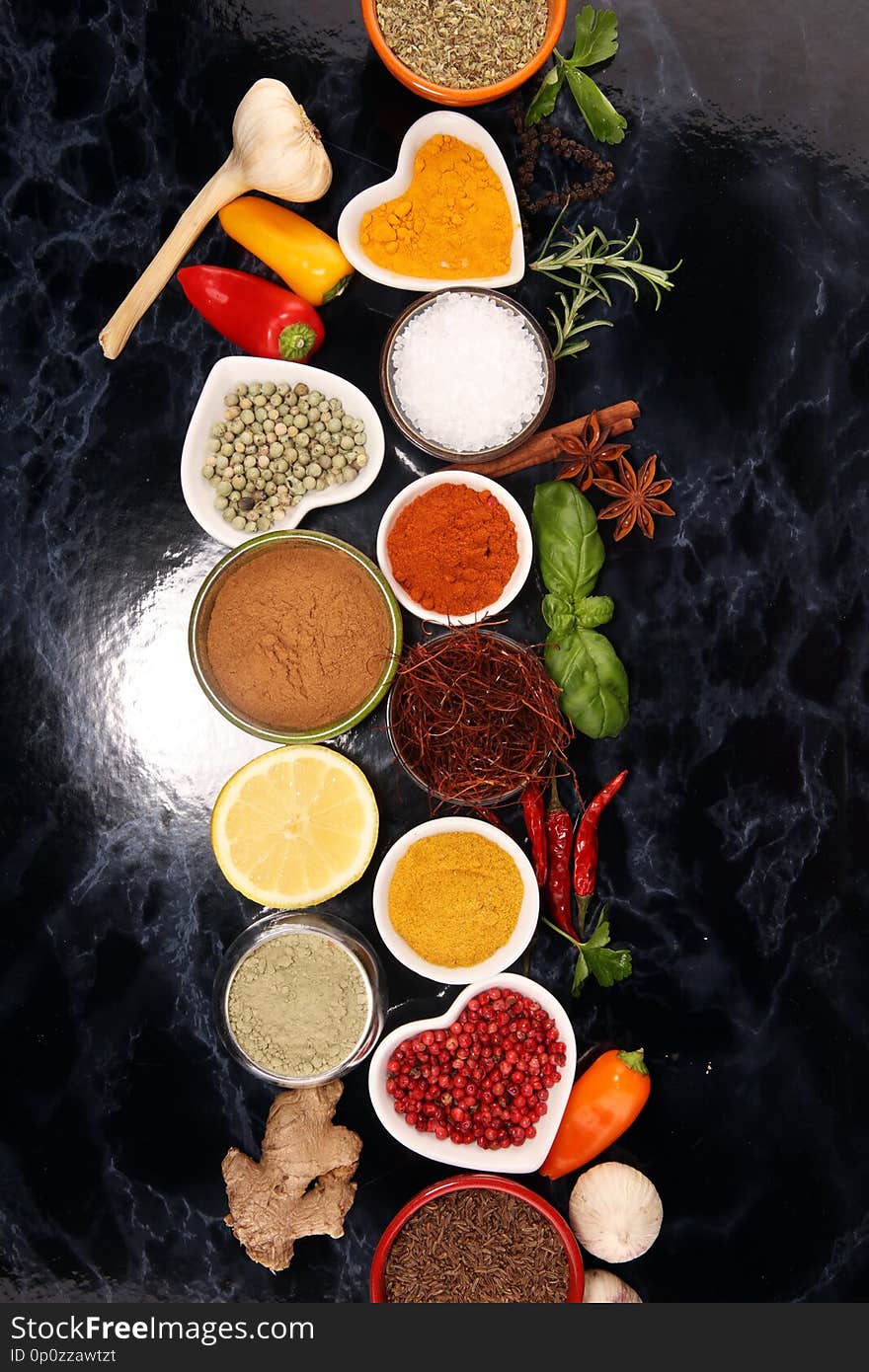 Spices and herbs on table. Food and cuisine ingredients for cooking.