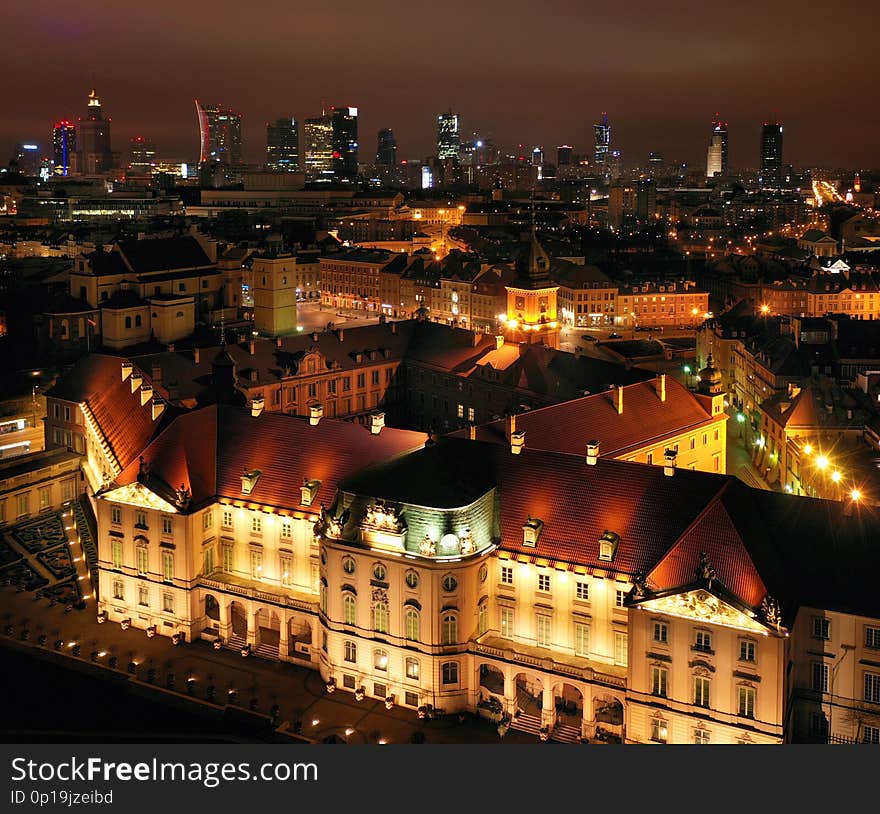 Aerial view of the royal castle in the old town at night, Warsaw, Poland